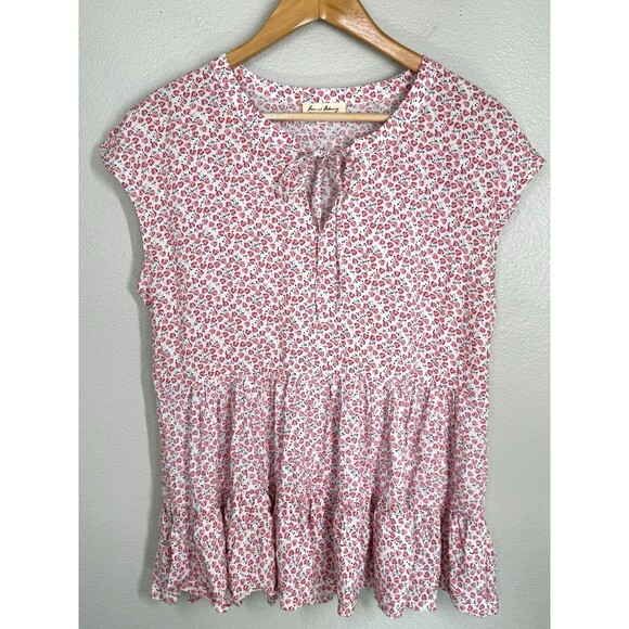 JANE and DELANCEY Anthropologie Red Floral Babydoll Top Size M Tiered Blouse - Picture 1 of 9